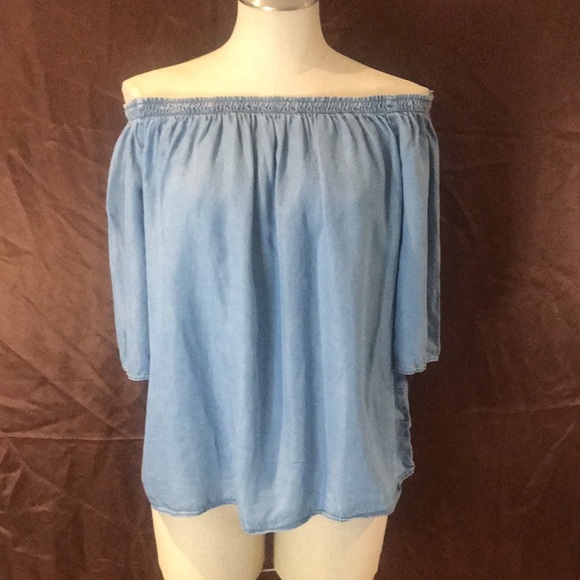 Mossimo light blue denim off shoulder flowy blouse top short sleeve size S boho - Picture 1 of 11